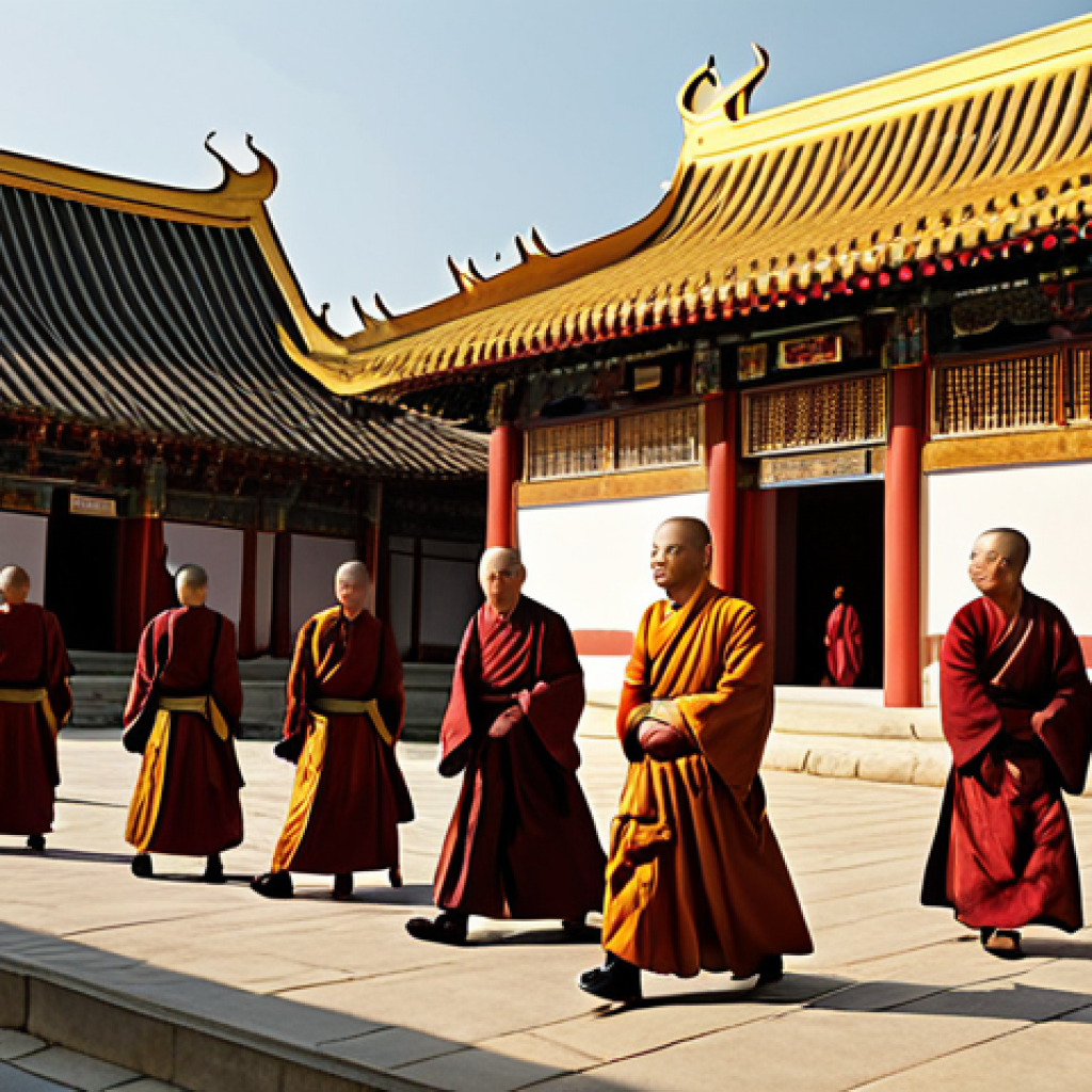 **
"Grand Goryeo Buddhist monastery, ornate architecture, golden details, monks in traditional robes, bustling activity, center of art, culture, and commerce, fertile lands surrounding, serene atmosphere, hint of political influence, possibly with a royal figure in the background, warm lighting, realistic."
**