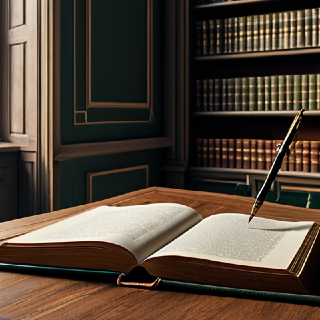 Code Napol&eacute;on - A Legacy of Law**

A well-lit study with bookshelves filled with leather-bound books. On a large wooden desk sits an open copy of the "Code Napol&eacute;on". A quill pen rests beside the book, and a pair of spectacles are perched on the page. Soft, natural light streams through a window.  Detailed, professional rendering, safe for work, appropriate content, fully clothed, professional, modest, perfect anatomy, correct proportions, natural pose. The scene should evoke a sense of history and intellectual pursuit.

**