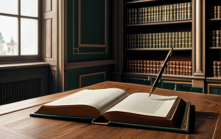 Code Napoléon - A Legacy of Law**
A well-lit study with bookshelves filled with leather-bound books. On a large wooden desk sits an open copy of the "Code Napoléon". A quill pen rests beside the book, and a pair of spectacles are perched on the page. Soft, natural light streams through a window. Detailed, professional rendering, safe for work, appropriate content, fully clothed, professional, modest, perfect anatomy, correct proportions, natural pose. The scene should evoke a sense of history and intellectual pursuit.
**