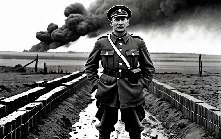 세계 1차 대전 원인과 전개 - **Prompt:** "A black and white photograph reminiscent of wartime propaganda, depicting a French poil...