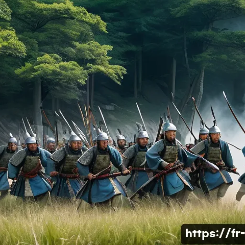 고구려와 수나라 전쟁 - A dynamic battle scene depicting the Goguryeo army executing guerrilla warfare tactics in a dense mo...