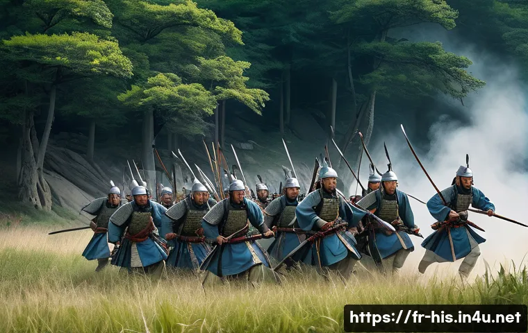 고구려와 수나라 전쟁 - A dynamic battle scene depicting the Goguryeo army executing guerrilla warfare tactics in a dense mo...