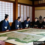 일본 메이지 유신의 개혁 - A detailed historical scene depicting the Meiji Restoration administrative reform in Japan: a group ...