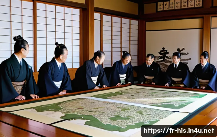 일본 메이지 유신의 개혁 - A detailed historical scene depicting the Meiji Restoration administrative reform in Japan: a group ...