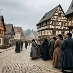 중세 유럽의 마녀사냥 - A detailed medieval European village scene during the late 15th century witch trials in Germany, sho...
