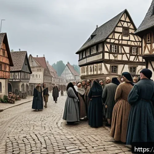 중세 유럽의 마녀사냥 - A detailed medieval European village scene during the late 15th century witch trials in Germany, sho...