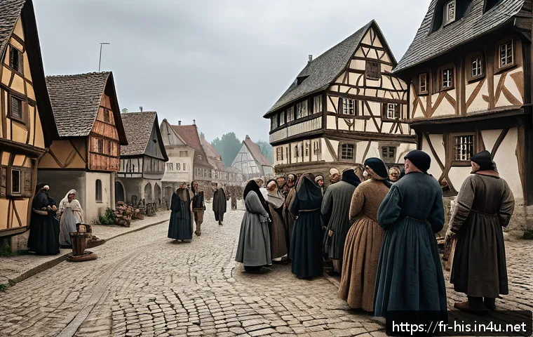 중세 유럽의 마녀사냥 - A detailed medieval European village scene during the late 15th century witch trials in Germany, sho...