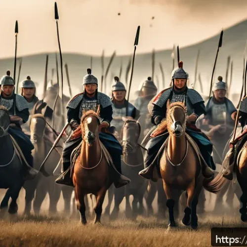 한나라와 흉노의 전쟁 - A dynamic battle scene set on the vast Eurasian steppes during the Han-Xiongnu conflicts, featuring ...