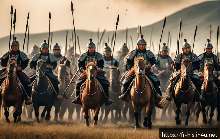 한나라와 흉노의 전쟁 - A dynamic battle scene set on the vast Eurasian steppes during the Han-Xiongnu conflicts, featuring ...