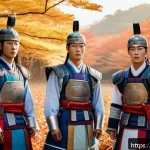 신라 화랑도의 역할과 정신 - A group of Hwarang warriors in traditional Korean armor standing together in a serene forest clearin...