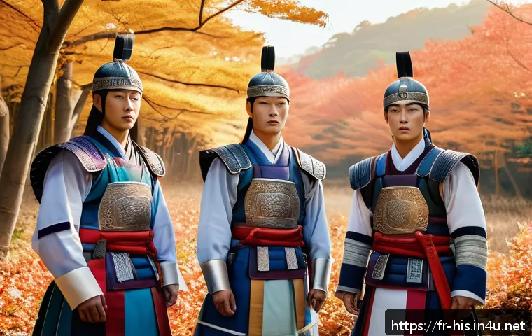 신라 화랑도의 역할과 정신 - A group of Hwarang warriors in traditional Korean armor standing together in a serene forest clearin...