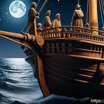 페니키아인의 무역 네트워크 - A detailed scene of ancient Phoenician sailors navigating a large wooden ship on the open Mediterran...