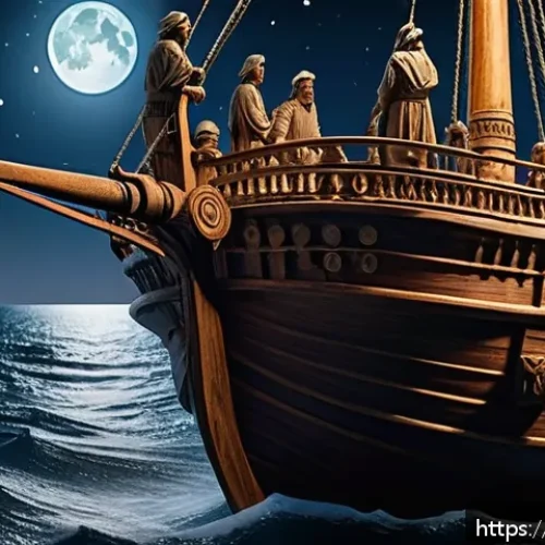 페니키아인의 무역 네트워크 - A detailed scene of ancient Phoenician sailors navigating a large wooden ship on the open Mediterran...
