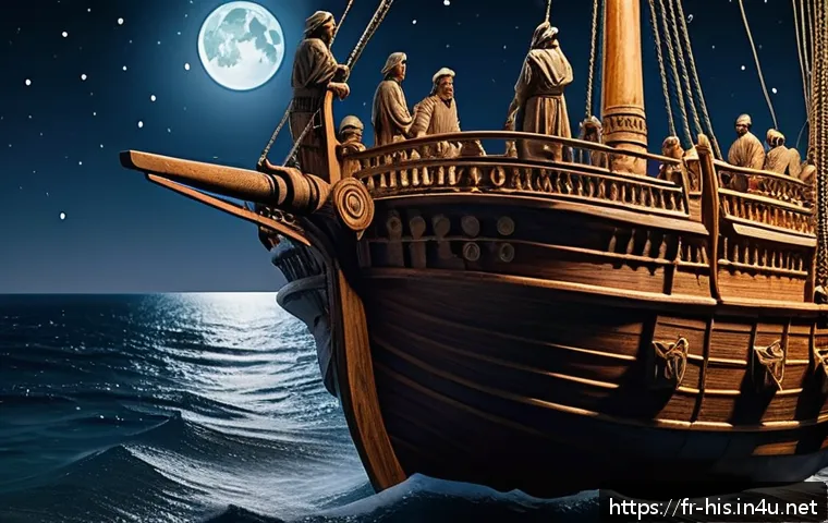 페니키아인의 무역 네트워크 - A detailed scene of ancient Phoenician sailors navigating a large wooden ship on the open Mediterran...