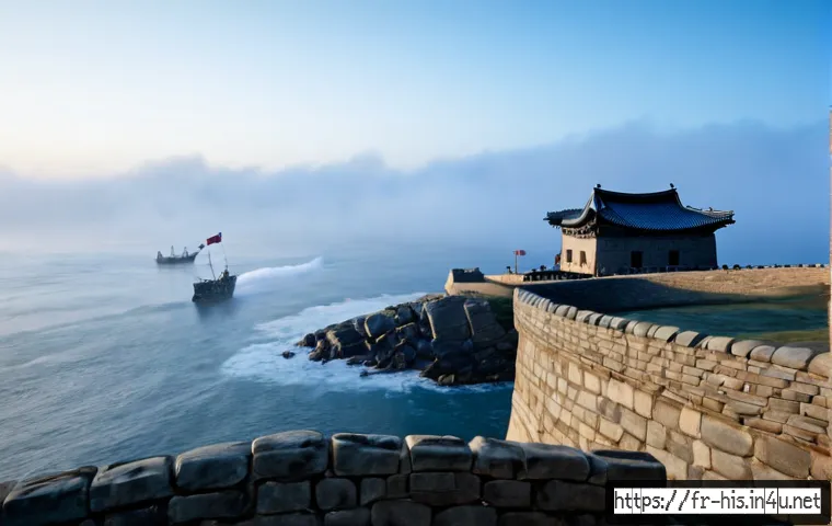 한반도 역사 속 외세 침략 - Photorealistic historical scene of a Joseon-era Korean coastal fortress at dawn, Korean defenders in...