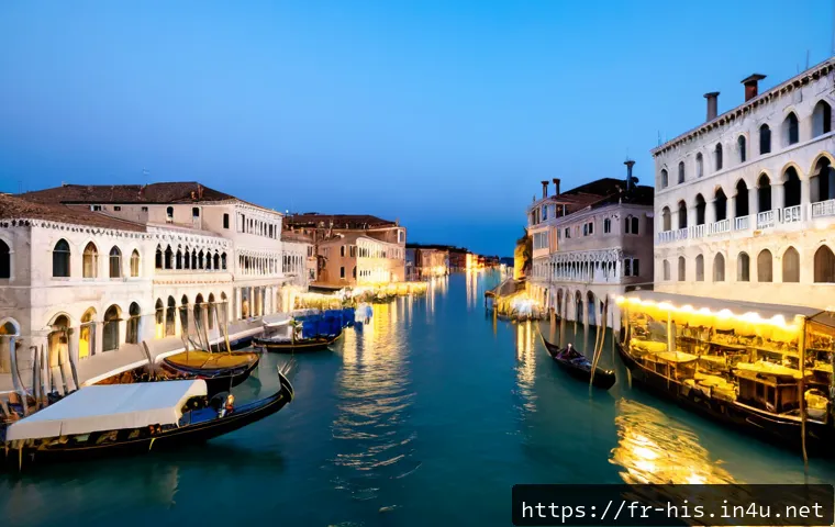베네치아 상업 제국의 형성 - Photorealistic 14th-century Venetian merchant harbor at sunrise, grand stone warehouses and arched c...
