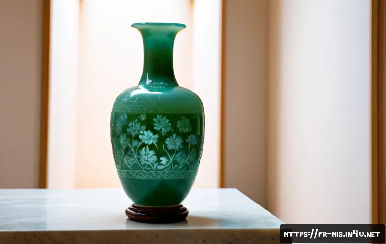 Home 30 고려 청자와 도자기 발전 - Photorealistic museum display featuring a single elegant Goryeo celadon vase with luminous jade-gree...