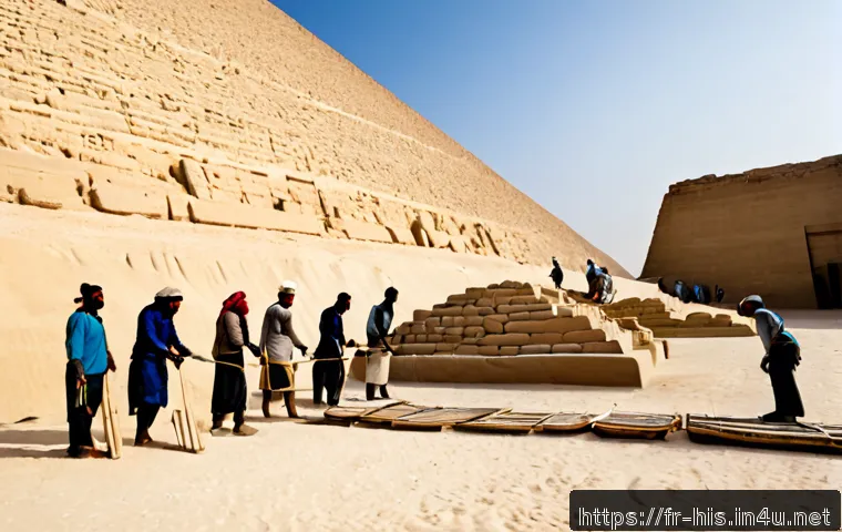 Home 17 이집트 피라미드 건설 이론 - Photorealistic ancient Egypt pyramid construction scene, massive limestone blocks being hauled up a ...