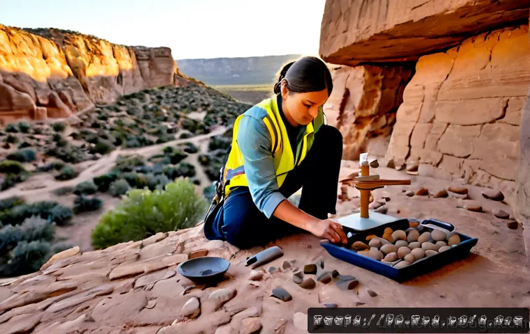 Home 17 아메리카 원주민 문명 연구 - Photorealistic archaeological research scene at a reconstructed ancestral Puebloan cliff dwelling in...